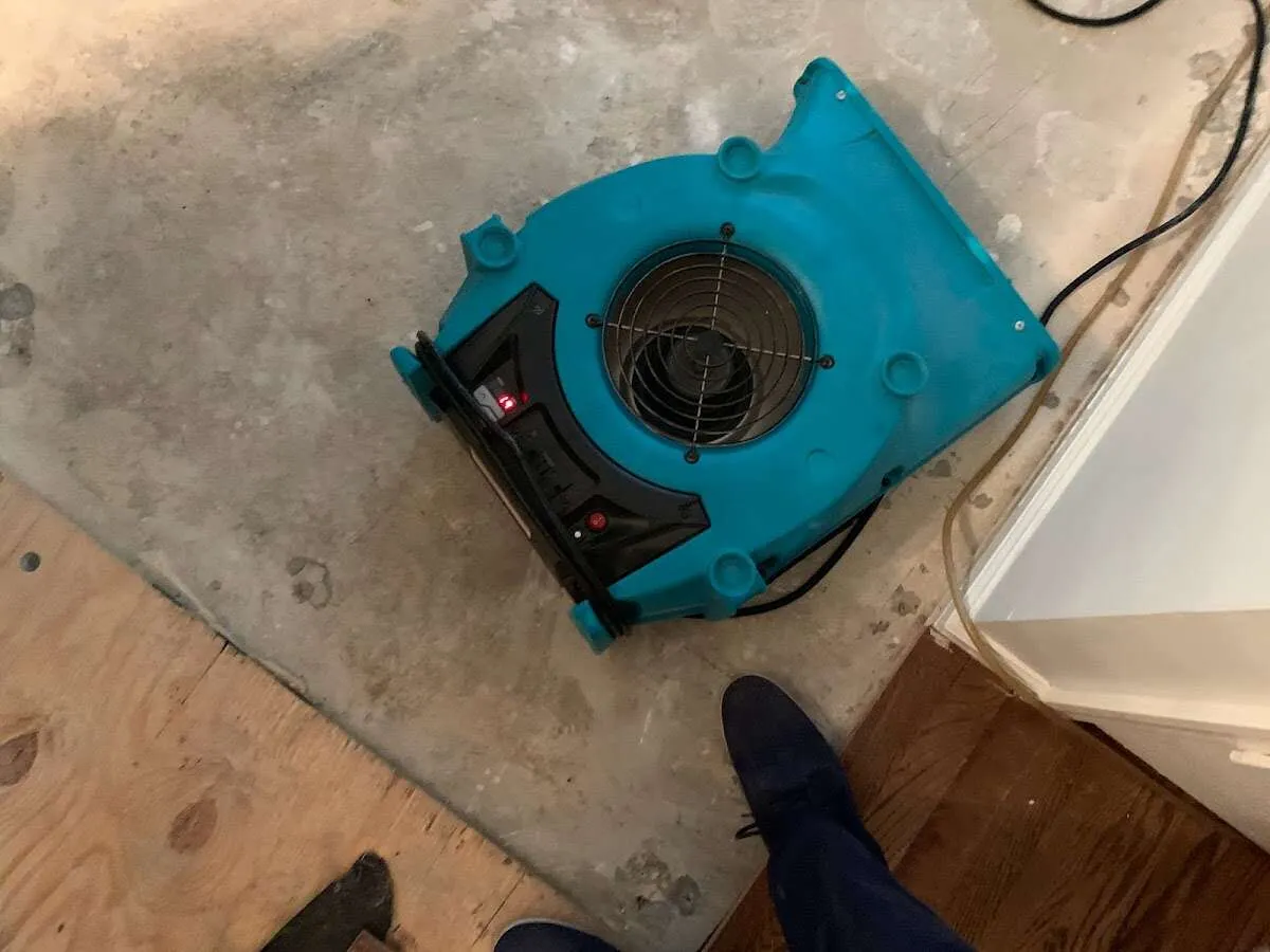 Air mover drying subfloor during Commercial Water Damage Restoration in Charlton
